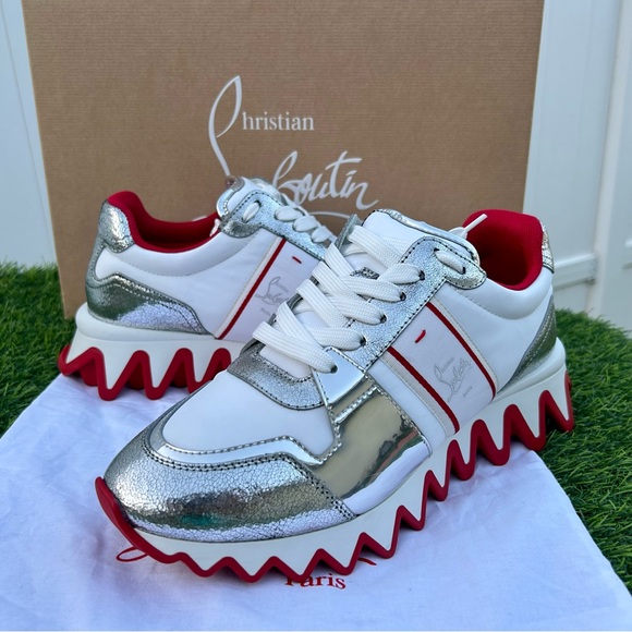 CHRISTIAN LOUBOUTIN NASTROSHARK DONNA SNEAKERS SILVER WHITE LOGO SZ 36.5 NEW! - Picture 4 of 16